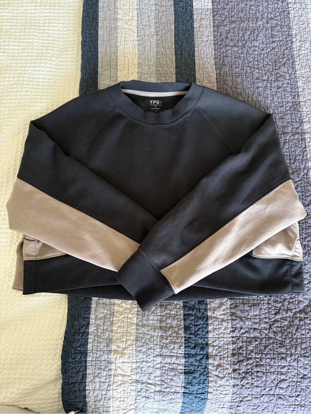 YPB Women's Black Crewneck Sweatshirt with Taupe Colorblock Sleeves